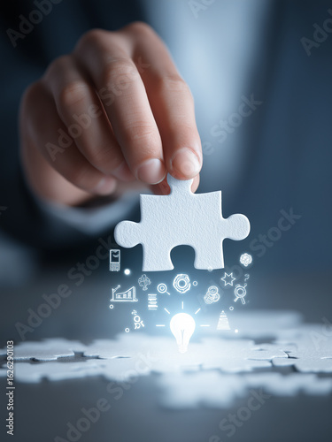 Businessman hand reach out glowing blue finger touch digital jigsaw puzzle piece.