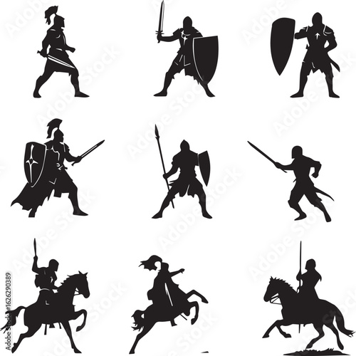 Collection of vector silhouettes of medieval knights and warriors in combat poses.

