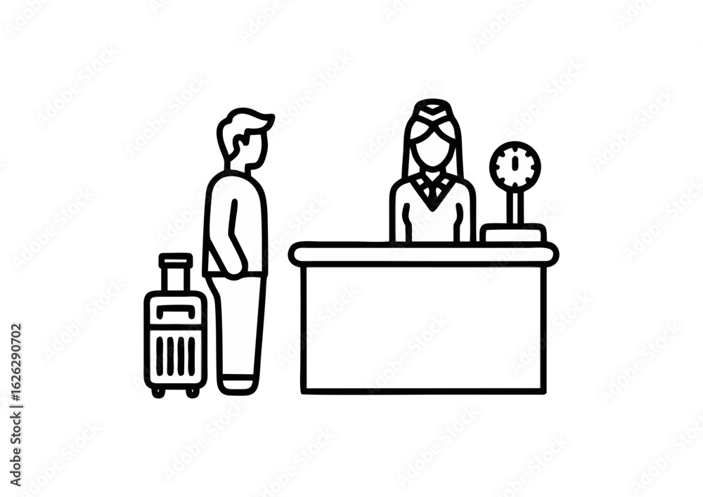 Traveler checking in at reception desk illustration in minimalistic style, black and white outline
Traveler checking in at reception desk illustration in minimalistic style, black and white outline