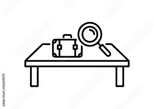 Luggage inspection illustration with magnifying glass on table in minimalist style for airport security concepts.