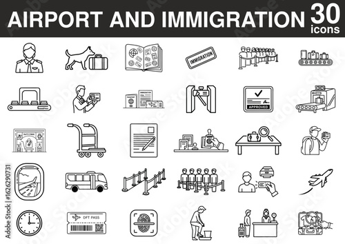 Airport and immigration icons, flat design, black and white, infographic elements