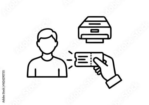 Passengers receiving boarding pass illustration at airport check-in in minimalist style for travel services.