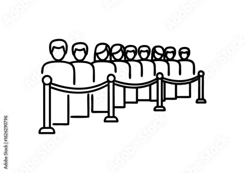 Passengers waiting in line illustration at airport check-in in minimalist style for travel processes.