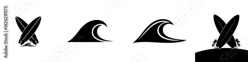 Surfboards & Ocean Wave Black Silhouette Icon Set – Tropical Vector