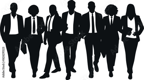 A strong, confident silhouette of a group of business professionals walking in formation.