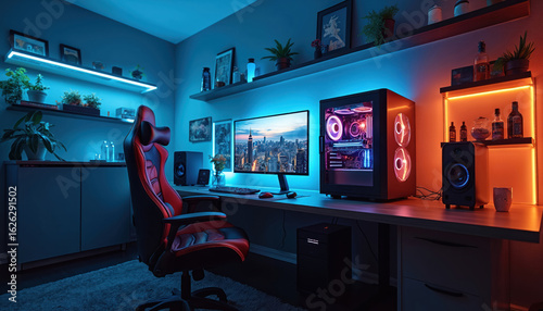 Modern gaming setup featuring high-end computer with neon lighting, sleek desk, comfortable chair. Includes large monitor displaying cityscape, powerful PC tower with RGB fans, speakers, keyboard,