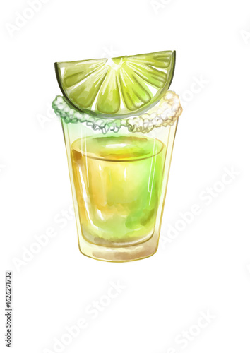 Tequilla drink illustration watercolor Cocktail with lime isolated on transparent background png