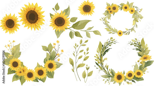 Beautiful watercolor collection of sunflowers and green foliage creating floral wreaths and arrangements