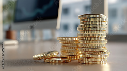 A stack of gold coins shining on a table with a computer monitor in the background