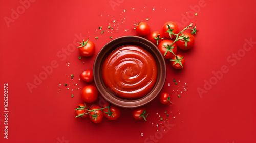Rich red tomato sauce surrounded by fresh tomatoes on a vibrant red background creates a striking visual appeal © SuperGlück