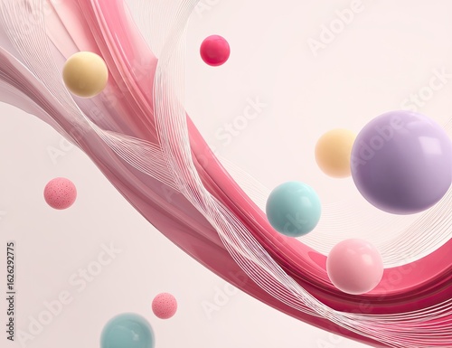 Abstract, flowing ribbons and pastel spheres.  Soft, colorful, smooth, and elegant forms create a dynamic composition