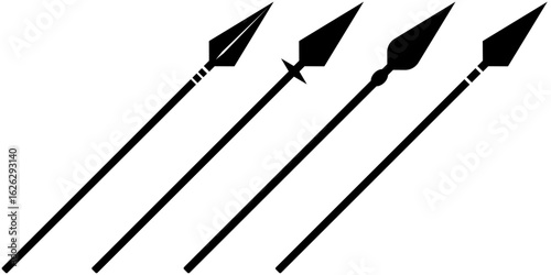 Spear icon set, isolated silhouette of black color flat illustration with sharp, angular head, angled vector graphic, suggestive of historical warfare and hunting.