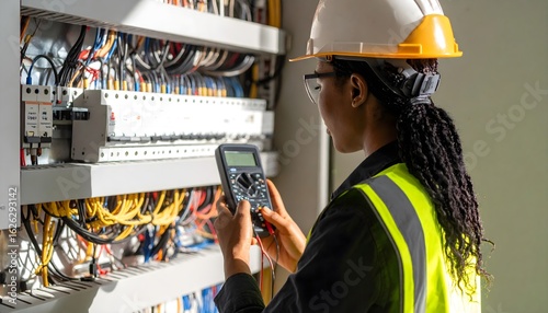 A female electrician wearing a hard hat and safety vest meticulously inspects a complex electrical panel with a multimeter, demonstrating technical skill and focus.