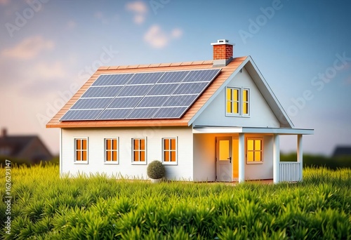 Wallpaper Mural Solar panel house model, cash on grass, copy space,  sun, solar panel Torontodigital.ca