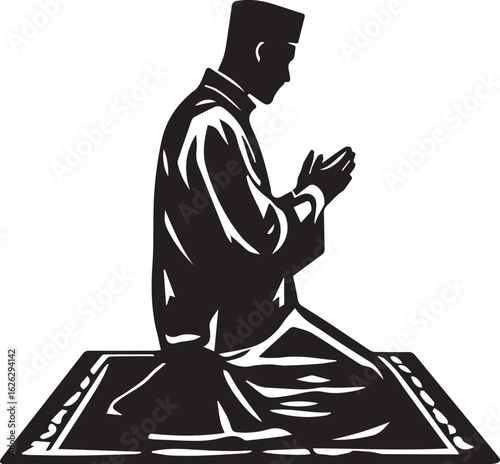  Vector silhouette of a Muslim man kneeling in prayer on a mat.