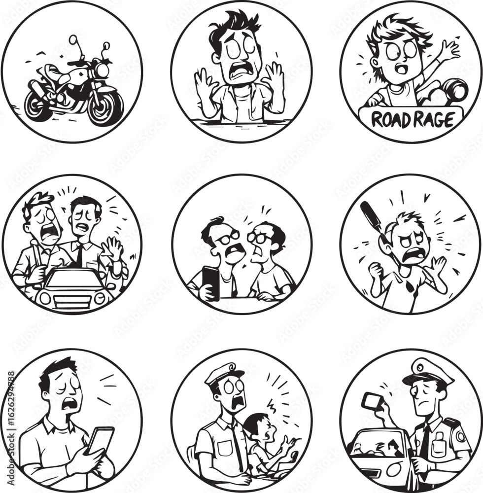 Vector cartoon icons depicting road rage, conflict, and traffic-related incidents. Vector cartoon icons depicting road rage, conflict, and traffic-related incidents.
