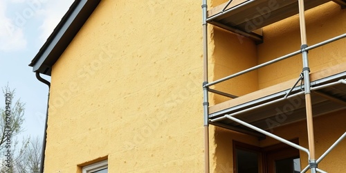 Rock wool insulation being installed on a house exterior wall, scaffolding visible, rockwool installation, wall cladding