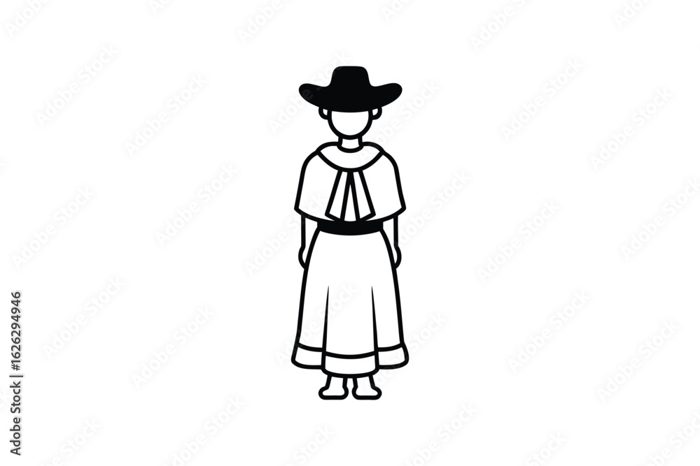 Stylized outline illustration of a person wearing traditional folk costume with a wide brimmed hat and cape presented as a simple black silhouette Stylized outline illustration of a person wearing traditional folk costume with a wide brimmed hat and cape presented as a simple black silhouette