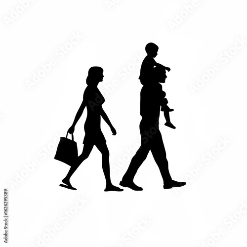 Father piggybacking child, walking beside mother