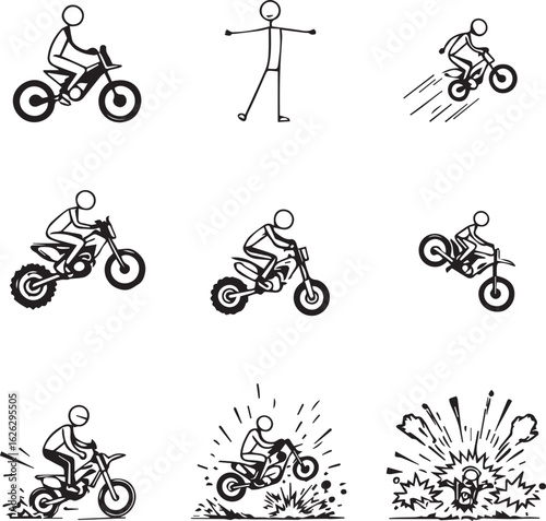 Collection of hand-drawn stick figure illustrations of a person riding a motorcycle.