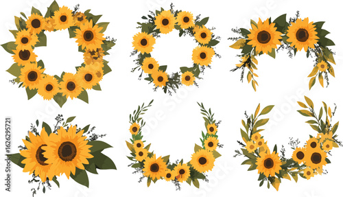 Collection of six beautiful sunflower wreaths and decorative floral arrangements on white background