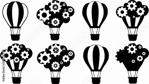 Illustration of black and white hot air balloons and steampunk gear balloons in a repeating pattern silhouette