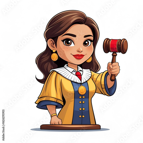Cartoon female judge holding gavel, wearing robe, standing at desk
