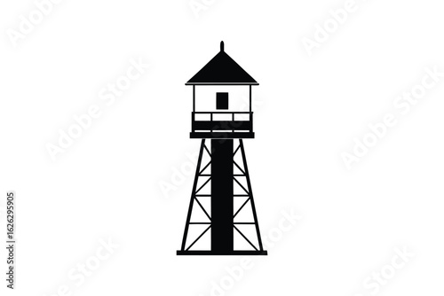 A stark black silhouette of a vintage industrial water tower with a peaked roof and open framework stands against a white background evoking a sense of history and engineering