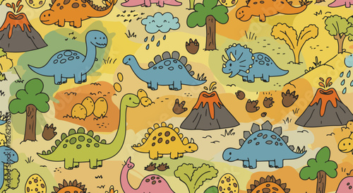 A playful seamless pattern of colorful cartoon dinosaurs in a prehistoric world with volcanoes trees and eggs