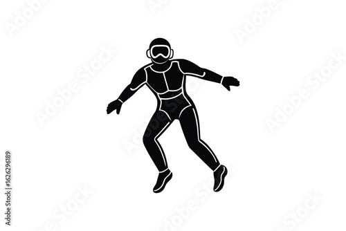 Dynamic silhouette of a person in a full body wetsuit and goggles captured mid action with a sense of movement and adventure silhouette
