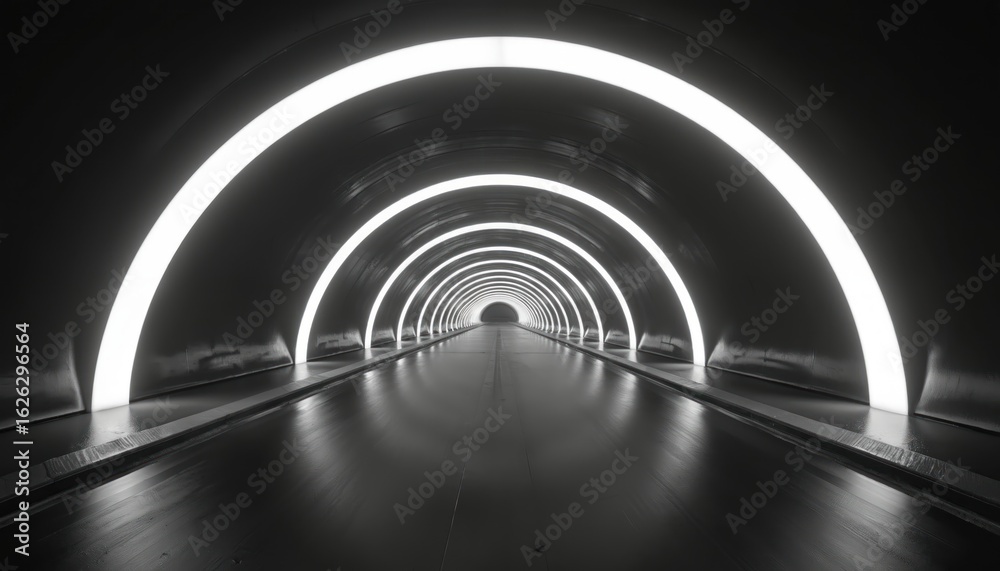 Obraz premium Dark, modern tunnel with glowing white arched lights receding into distance. Empty race track perspective suggests speed and motorsport. Urban nighttime setting, possibly Monaco street circuit.