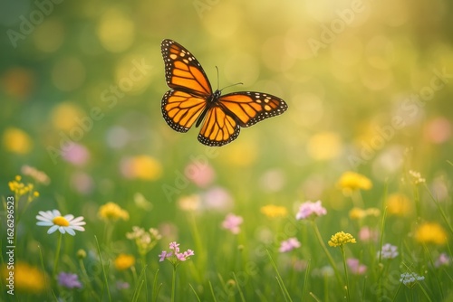 Monarch Butterfly Gracefully Soaring Over a Vibrant Field of Wildflowers in Soft, Golden Sunlight