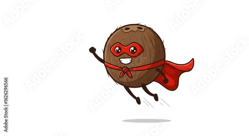 Cartoon Coconut Superhero Flying Wearing Red Mask and Cape