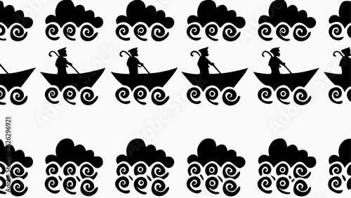 Repeating pattern of silhouetted boats with rowers and stylized clouds with spiral decorations design