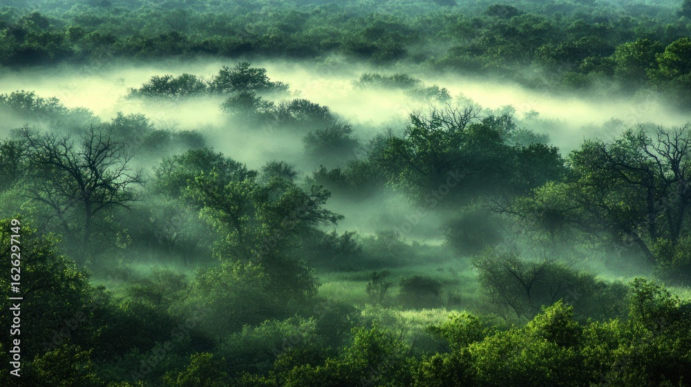 Fototapeta premium Misty forest, green trees, hazy landscape