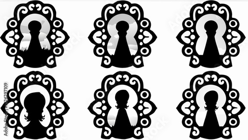 Six ornate keyhole designs with silhouette figures and landscape views in black and white color scheme