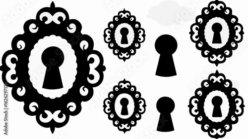 Ornate keyhole designs in black and white with decorative frames and simple keyhole shapes isolated silhouette