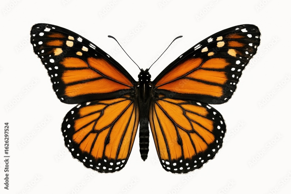 Fototapeta premium Close-up of a Monarch Butterfly's Orange and Black Wings, Isolated on White Background