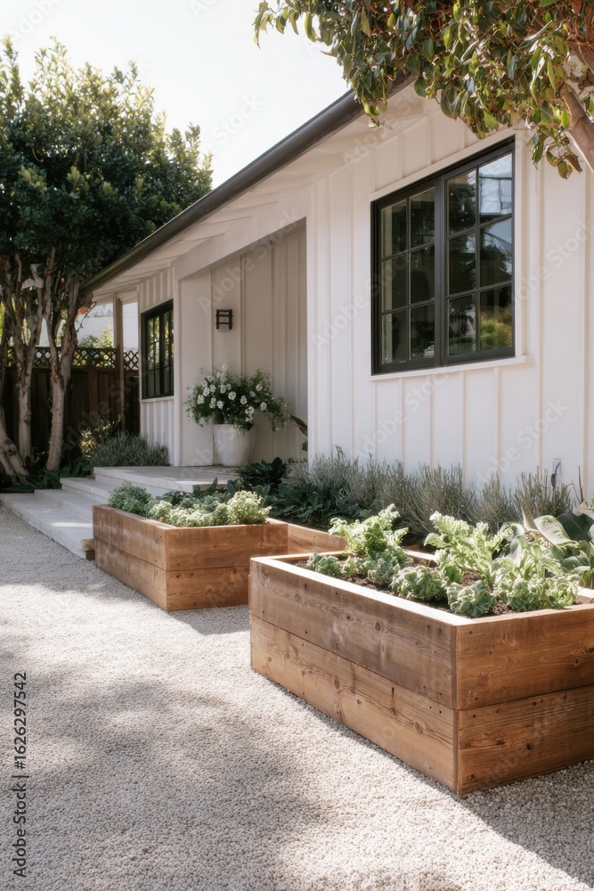 Fototapeta premium A contemporary garden featuring beautifully crafted wooden planters filled with lush, vibrant greenery is nestled next to a chic white house under the warm embrace of a sunny day