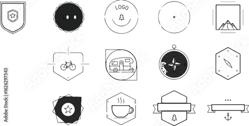 Set of simple black and white line art graphic elements