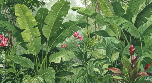 Lush Tropical Jungle Painting with Banana Leaves and Exotic Flowers Vibrant Greenery and Botanical Art Illustration