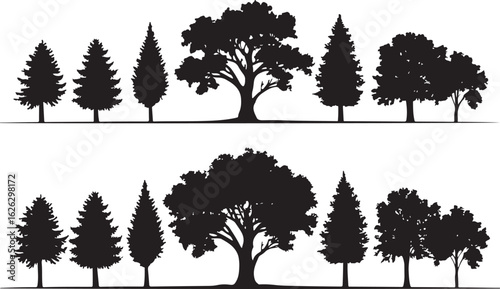black and white set of trees vector design silhouette