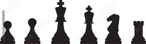 Chess game pieces vector silhouette, including pawn, queen, knight, and rook.