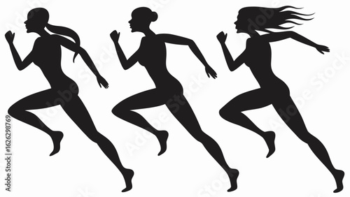 Silhouettes of three women running with different hairstyles in a black and white illustration art