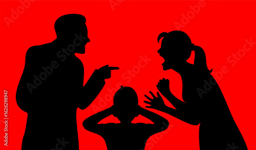 Parents fighting in front of a child, couple argument silhouette, childhood stigma, family disagreements concept.