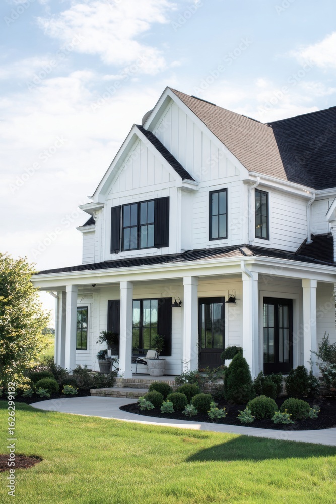 Obraz premium Discover a delightful white farmhouse featuring an elegant porch that invites relaxation, all embraced by vibrant, lush greenery under the warm sun of a tranquil countryside