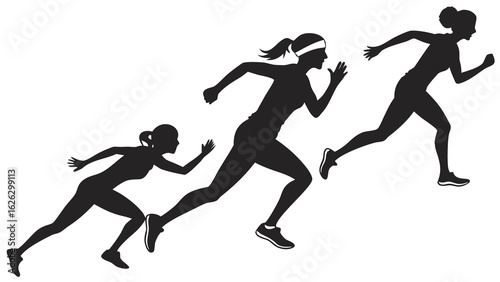 Silhouette of three women running in a race with determination and athletic prowess in a competition