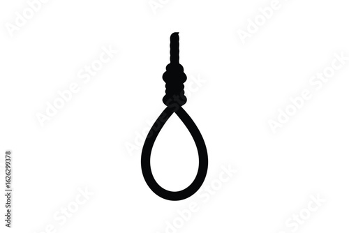 A stark black silhouette of a noose with a loop and knot against a clean white background symbolizing despair and danger