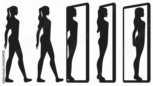Silhouette of a woman walking and standing in front of mirrors showing different body images and perspectives
