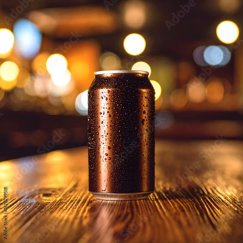 Glistening Bronze Aluminum Beverage Can with Refreshing Water Droplets.